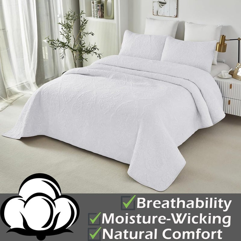 Brandream King Size Quilt Set Cotton White Quilts Vintage Quilted Comforter Set Queen Bedspreads Paisley Matelasse Coverlet Set 3-Piece - Image 3